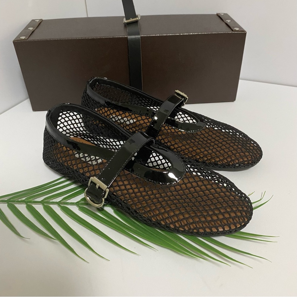 Alaia Black Mesh Flats with Patent Straps